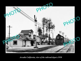 Old Postcard Size Photo Of Arcadia California View Of The Railroad Depot C1950