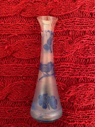 Vintage Ransgil Crystal Bud Vase Blue Birds And Leaves 8 Inches