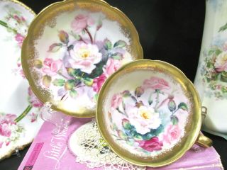Made In Japan Tea Cup And Saucer Painted Pink Rose Cabbage Roses Gold Teacup