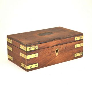 Antique Vintage Mahogany Desk Document Box W/ Lock No Key Brass Bronze Bone