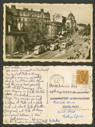 Swiss 25c 1948 Old Real Photo Postcard Lausanne Place Saint - Francois Street Tram
