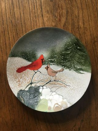 Vintage Norman Brumm Enamel On Copper Dish - 6 " Round - Winter Cardinals