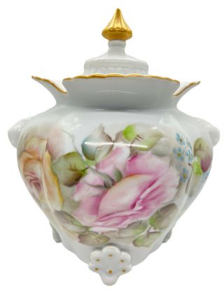 Vintage Porcelain Floral Rose Biscuit Jar Made In Germany Signed By Artist