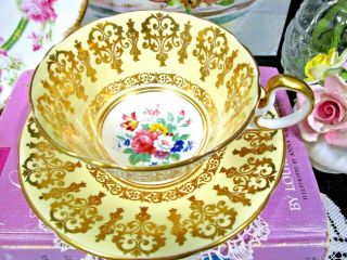 Aynsley Tea Cup And Saucer Yellow & Gold Gilt Floral Pink Rose Teacup Low Doris
