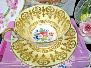AYNSLEY tea cup and saucer Yellow & gold gilt floral pink rose teacup Low Doris 2