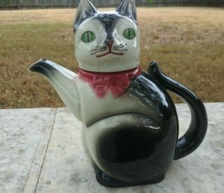 Vintage Gray & White Vintage Cat Tea Pot With Pink Bow 1940s
