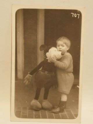 An Early Black & White Post Card Photo Of Small Boy With Giant Mickey Mouse