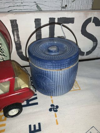 Antique Stoneware Butter Crock Blue Lid And Wire Handle Daisy