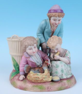 Antique German Bisque Porcelain Children Group Figurine Vase Hen Nest Schneider