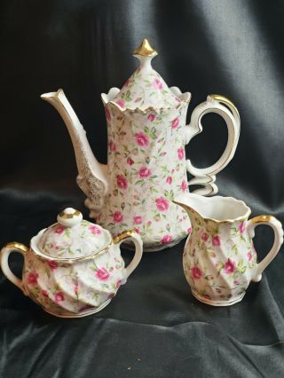 Vintage Lefton Ceramic Chintz Rose Pattern Teapot Creamer & Lidded Sugar Bowl