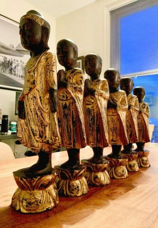 Set Of 6 Carved Wood Monk Sculptures Red W/black & Gold Overpaint Folk Art