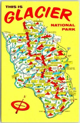 Vintage 1950s Glacier National Park Postcard Park Map Chrome W/ 1963 Cancel
