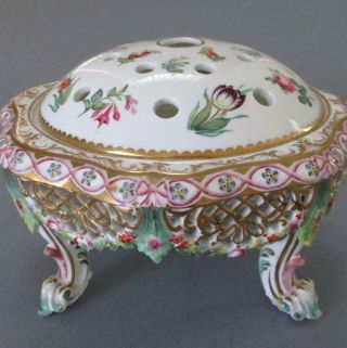 Antique 19thc Vieux Paris Porcelain Footed Potpourri Pierced Flowers Lush Gilt
