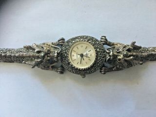 925 Silver Wrist Watch Art Deco Style Two Dragon Heads Quartz | Antique Vintage