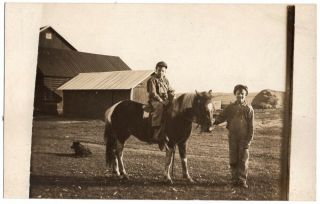 101920 Vintage Rppc Real Photo Postcard Two Boys In Farmyard With Pony