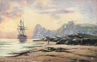 Vintage Tucks Oilette Rocky Bastions Of The Shore Sailing Ship Postcard -
