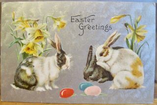 Vtg Postcard Easter Greetings Bunnies Rabbits Daffodils Eggs Silver Embossed