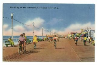Bicycling On The Boardwalk Ocean City Nj Vintage Jersey Shore Postcard