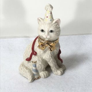 Lenox White Birthday Cat Party Good Bow Figurine