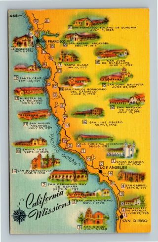 California Missions Highway,  Map Advertising Linen - Vintage Postcard