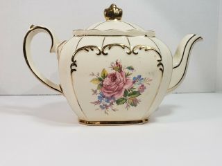 Vintage Sadler England Porcelain Tea Pot Floral Rose 2097 Ivory White W Gold