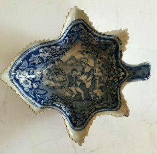 Antique English Caughley Blue And White Leaf Shaped Pickle Dish