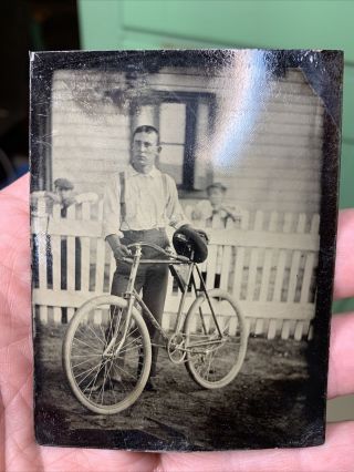 Vintage Tintype Photo Of A Man With His Bike