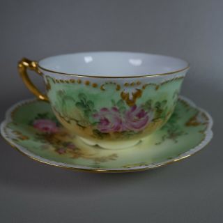 Vintage Limoges Ak France Tea Cup And Saucer Gold,  Yellow Green Pink Floral
