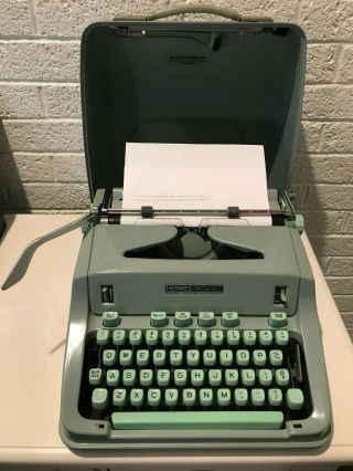 1966 Hermes 3000 Vintage Typewriter Seafoam Green W/ Case,  Brushes,  And Key