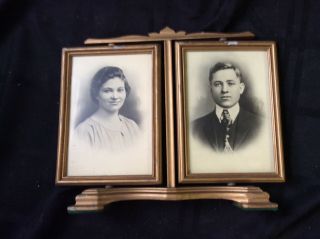 Vintage Antique Wood Framed In Glass Photograph Picture Of Couple