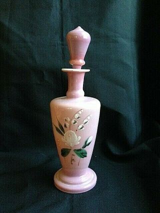Antique French Pink Opaline Glass Perfume Bottle Hand Painted With Stopper