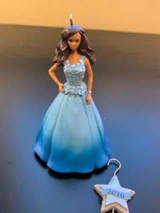 2016 Hallmark Holiday Barbie African - American Blue Dress Ornament