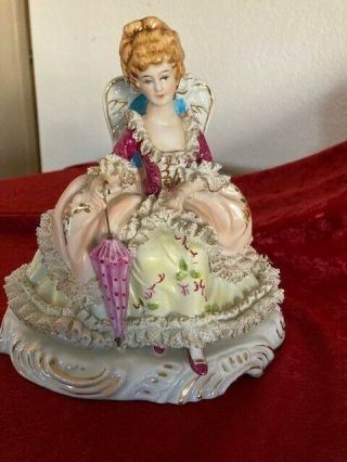 Antique Victorian Dresden Lady Porcelain Figurine Seated Hand Painted Lace Vtg