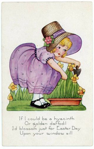 Vintage Postcard Easter Little Girl In Purple Dress Hat Daffodils