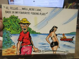 Other Old Bawdy Comic Funny Cartoon Postcard Fishing Fisherman Bikini Sexy Babe