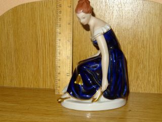 Vintage Royal Dux Bohemia.  Porcelain Lady W/ Doves Figurine.  Cobalt Blue
