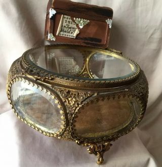 Antique Vintage French Ormolu Beveled Glass Jewelry Trinket Box Lined