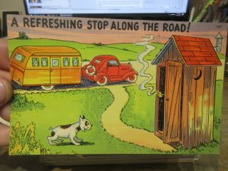 Other Old Bawdy Comic Funny Cartoon Postcard Outhouse Camper Trailer Dog Potty