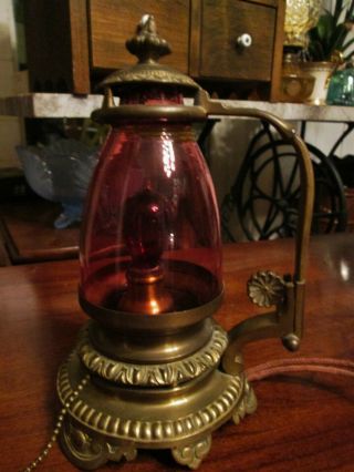 Antique Nouveau Deco Egyptian Revival Bronze Brass Red Glass Desk Lantern Lamp