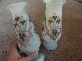 Antique Pair Mantle Vases Pink & Green Enamel Floral Victorian Art Glass Bristol