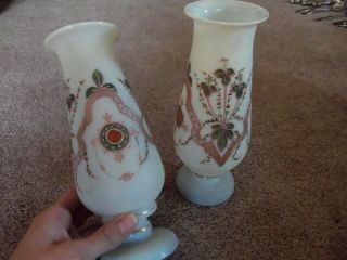 Antique Pair Mantle Vases pink & green enamel floral Victorian Art Glass Bristol 2