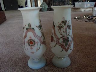 Antique Pair Mantle Vases pink & green enamel floral Victorian Art Glass Bristol 3