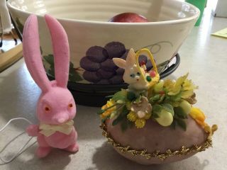 Vintage Kitsch Flocked Easter Egg With Bunny Decoration/ Gold Trim & Pink Bunny