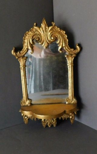 Victorian Vintage Gold Gilt Carved Wood Wall Shelf Display W Shaving Mirror (k)