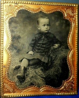 1/6th Size Tintype Image Of A Young Boy In Brass Frame/mat
