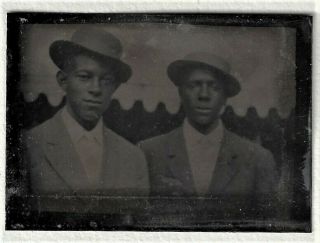 Two African American Men In Hats Small Antique Tintype Photo