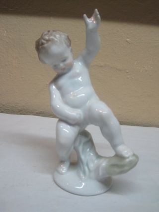 Antique Herend Hungary Porcelain Figurine Of Little Boy/cherub 7 " Tall