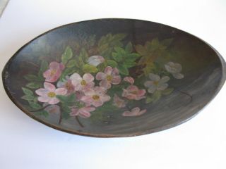 Antique Primitive Folk Art Wooden Bowl Hand Painted Pink Dogwood Flowers