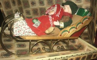 Vintage Christmas Wood Sled Porcelain Dolls Table Decor Music Box Jingle Bells