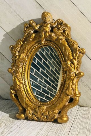Vintage Antique Italian Florentine Cherub Gold Gilt Ornate Table Standing Mirror